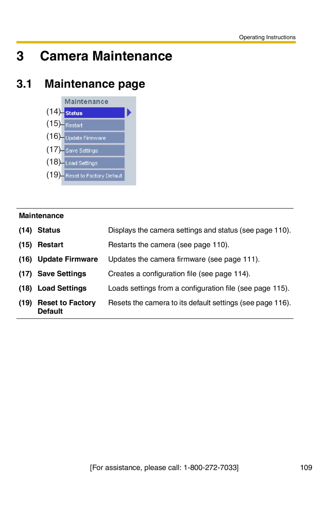 Panasonic BB-HCM331A operating instructions Maintenance Status, Restart Restarts the camera see, Default 