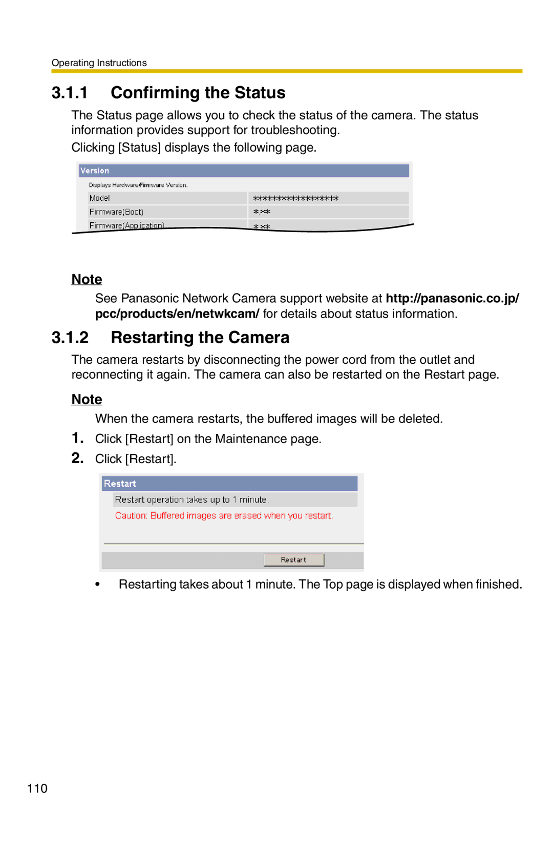 Panasonic BB-HCM331A operating instructions Confirming the Status, Restarting the Camera 