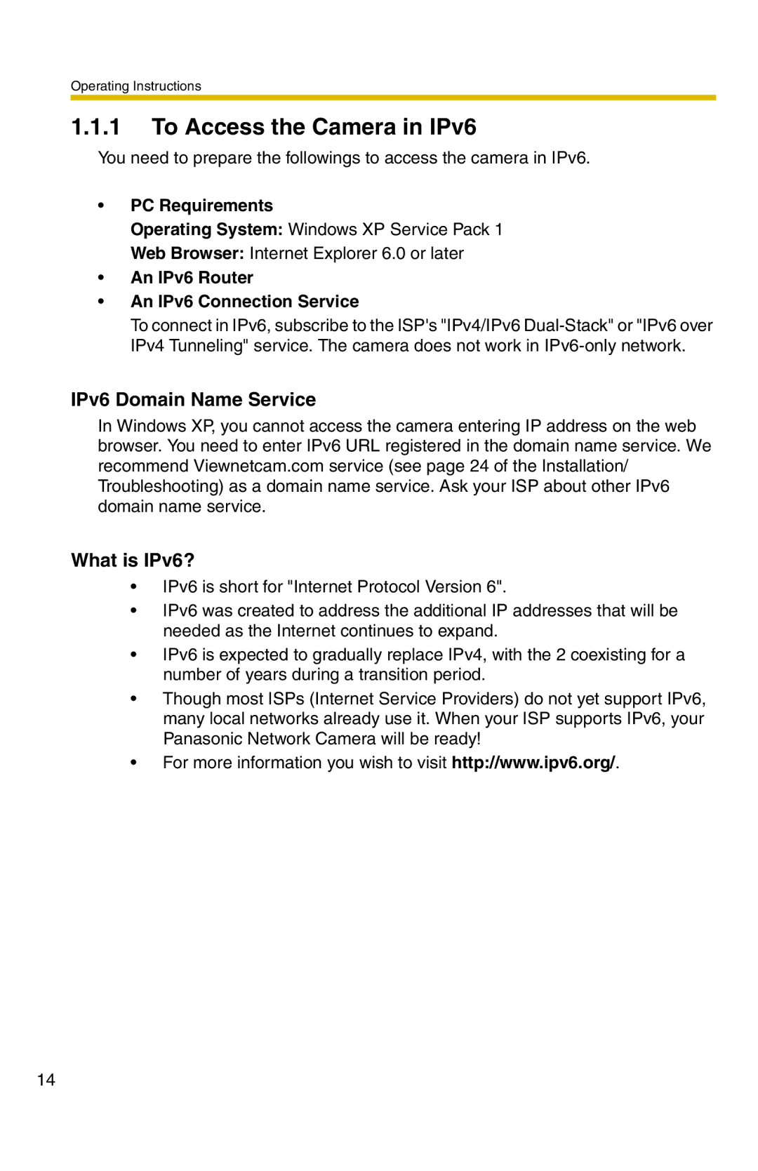 Panasonic BB-HCM331A To Access the Camera in IPv6, PC Requirements, An IPv6 Router An IPv6 Connection Service 