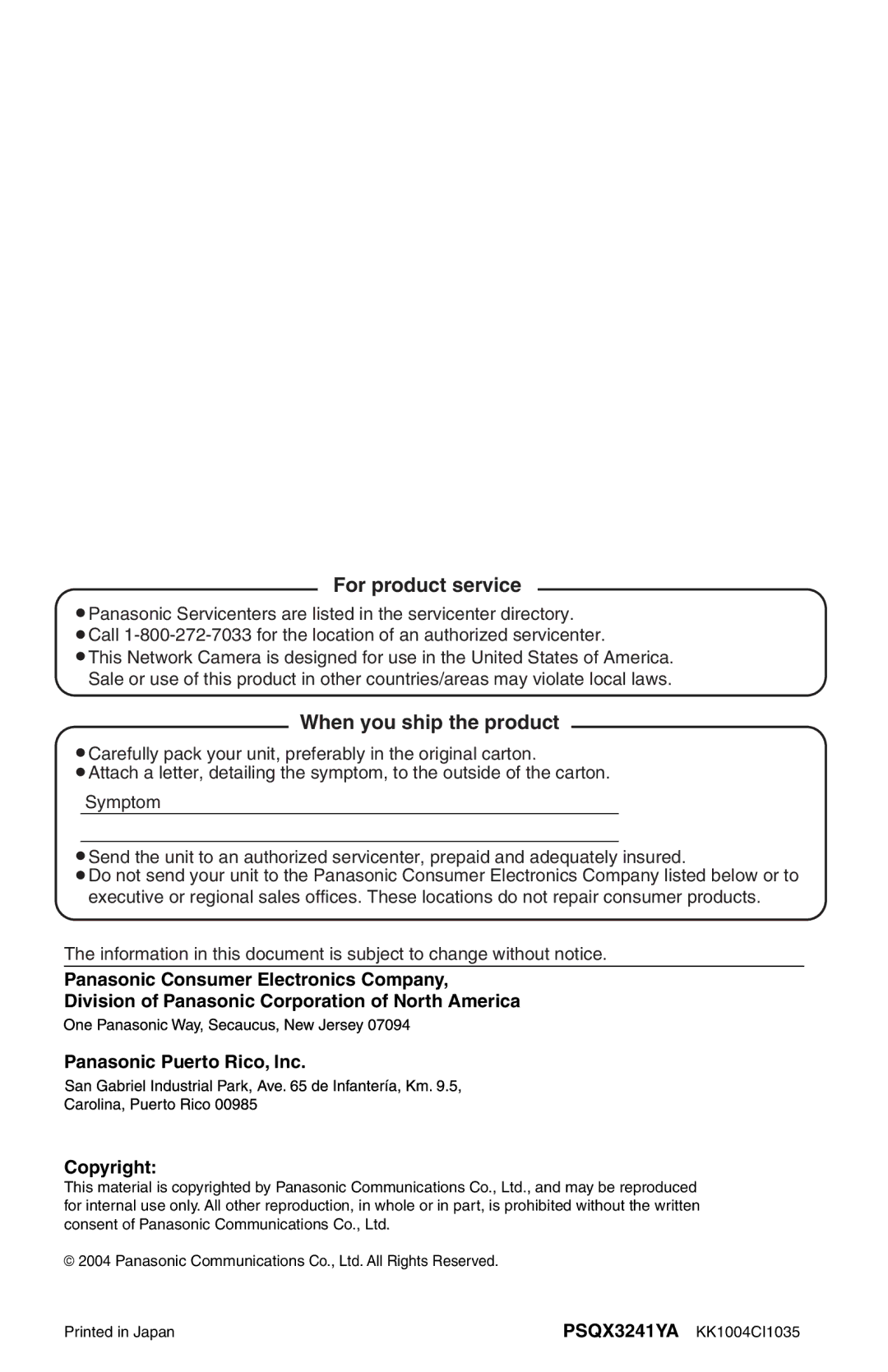 Panasonic BB-HCM331A operating instructions For product service, When you ship the product 