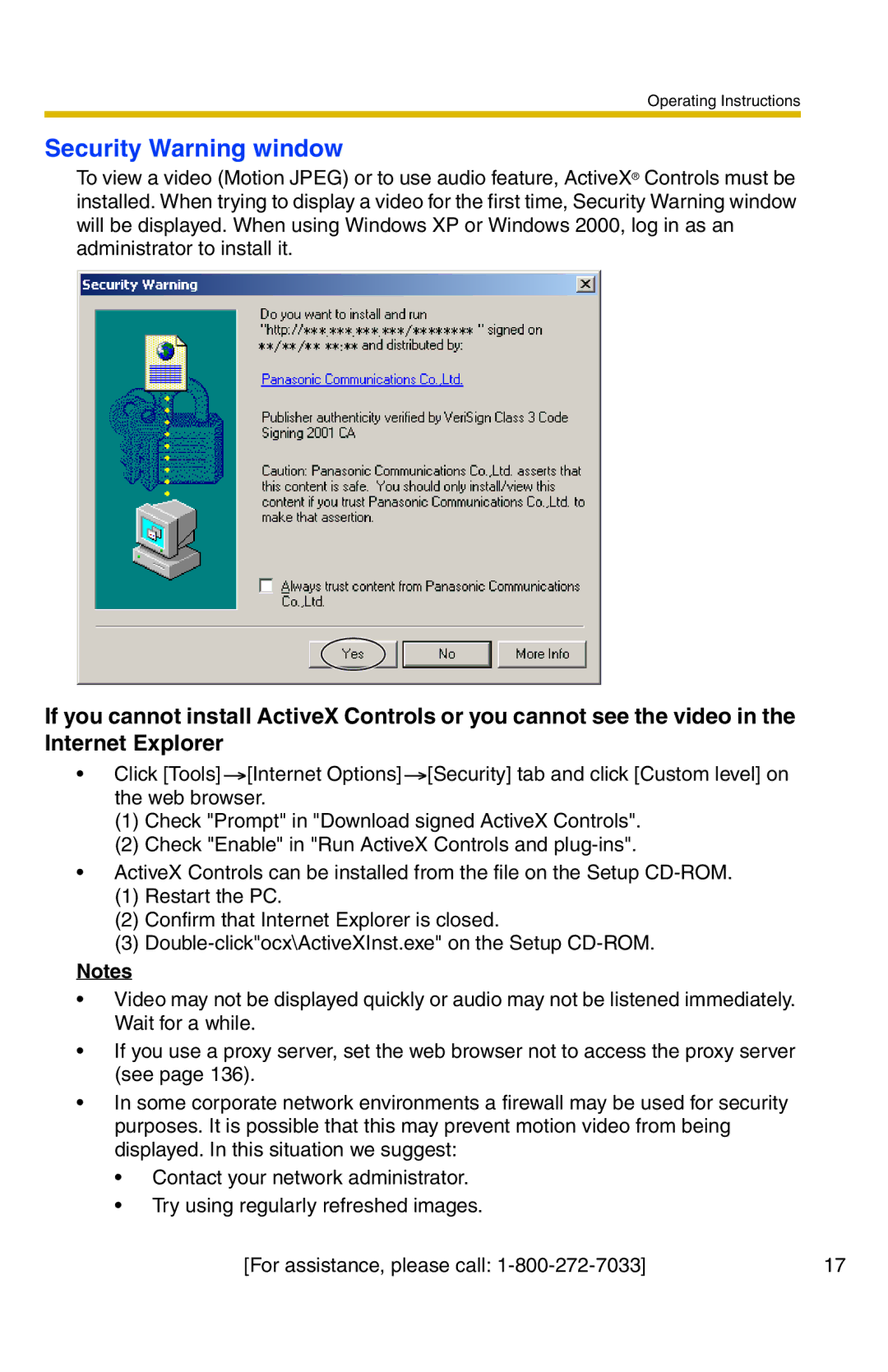 Panasonic BB-HCM331A operating instructions Security Warning window 