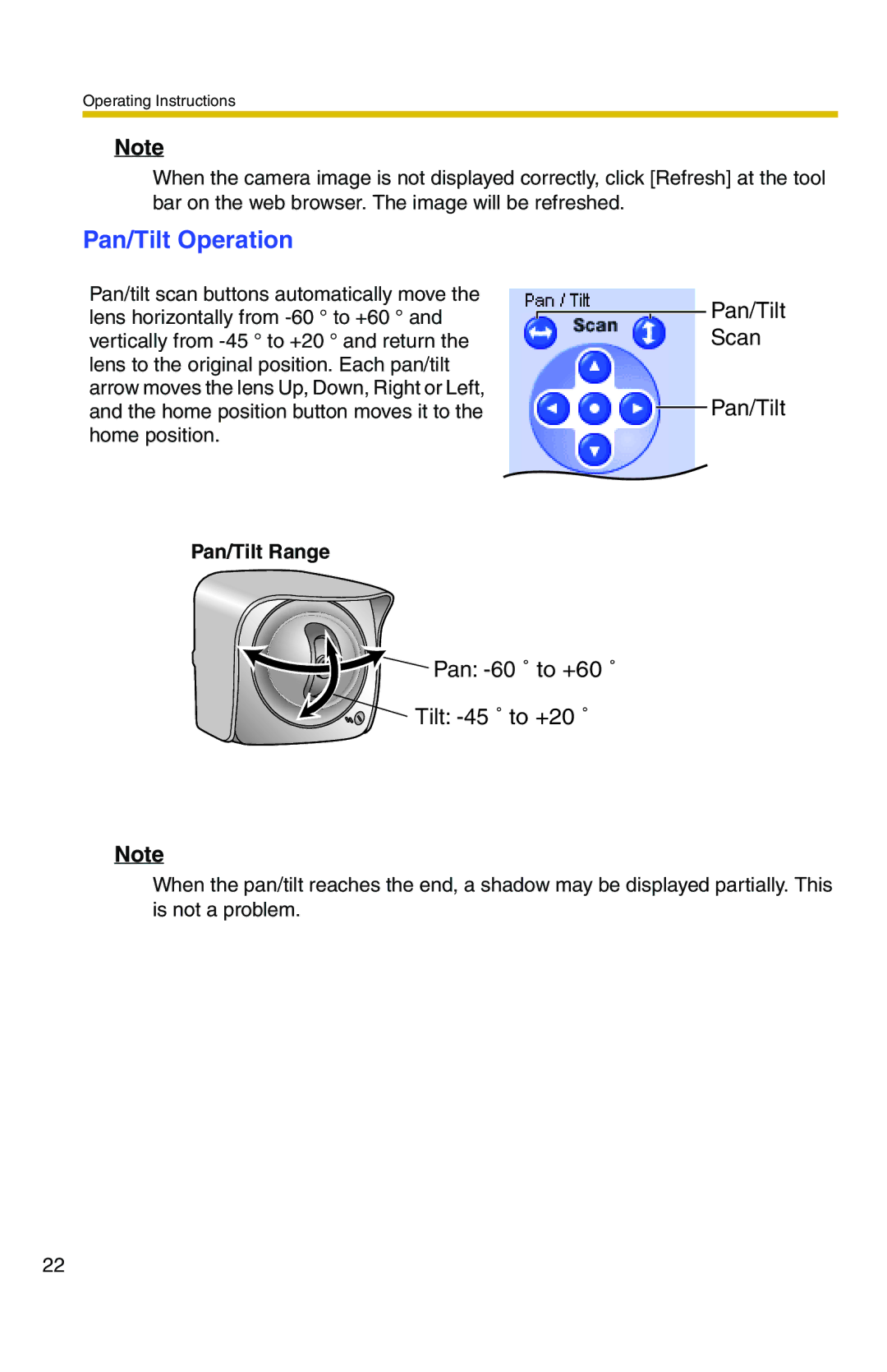 Panasonic BB-HCM331A operating instructions Pan/Tilt Operation, Pan/Tilt Range 