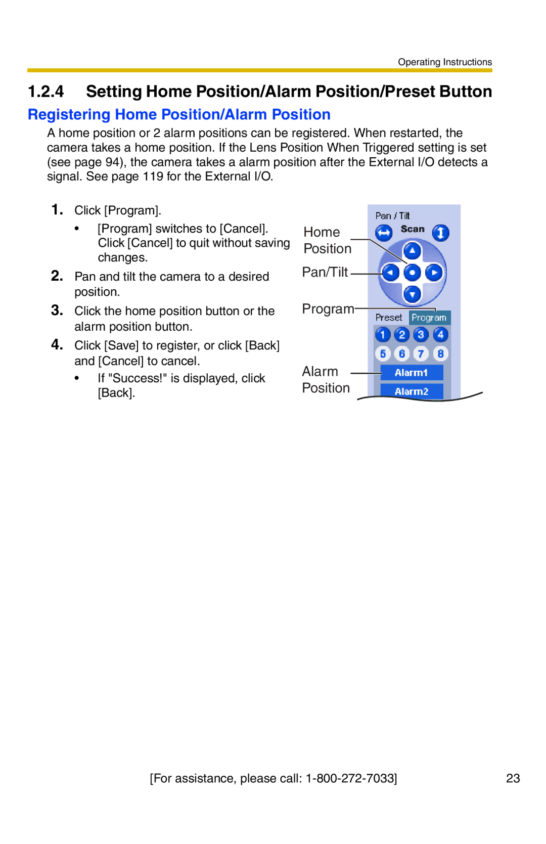 Panasonic BB-HCM331A Setting Home Position/Alarm Position/Preset Button, Registering Home Position/Alarm Position 