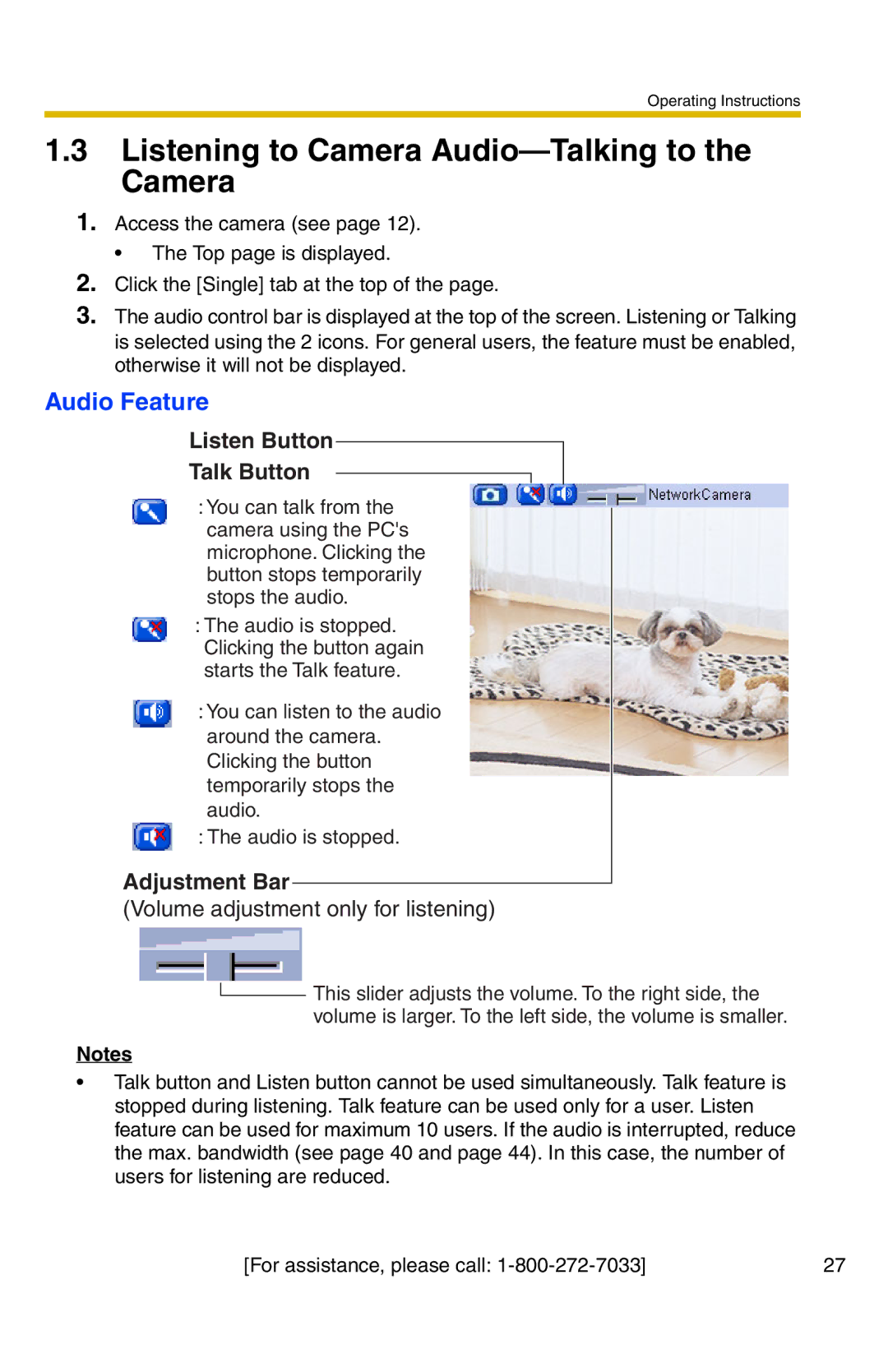 Panasonic BB-HCM331A operating instructions Listening to Camera Audio-Talking to the Camera, Audio Feature 