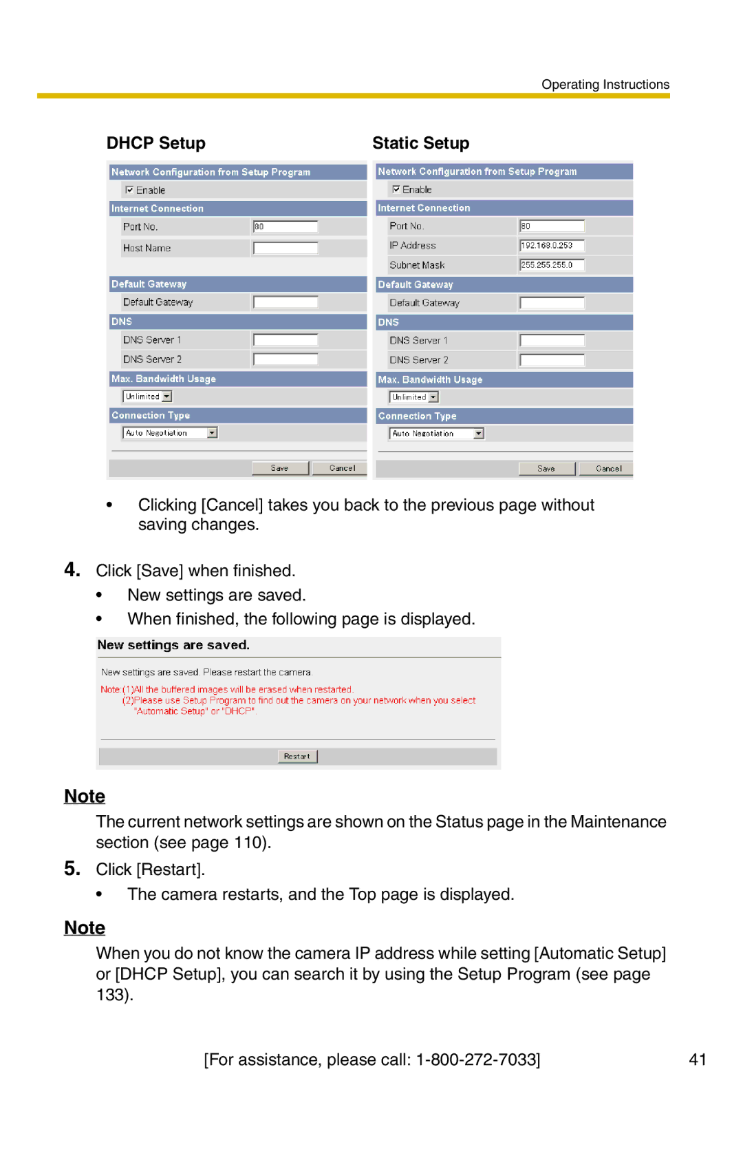 Panasonic BB-HCM331A operating instructions Dhcp Setup Static Setup 