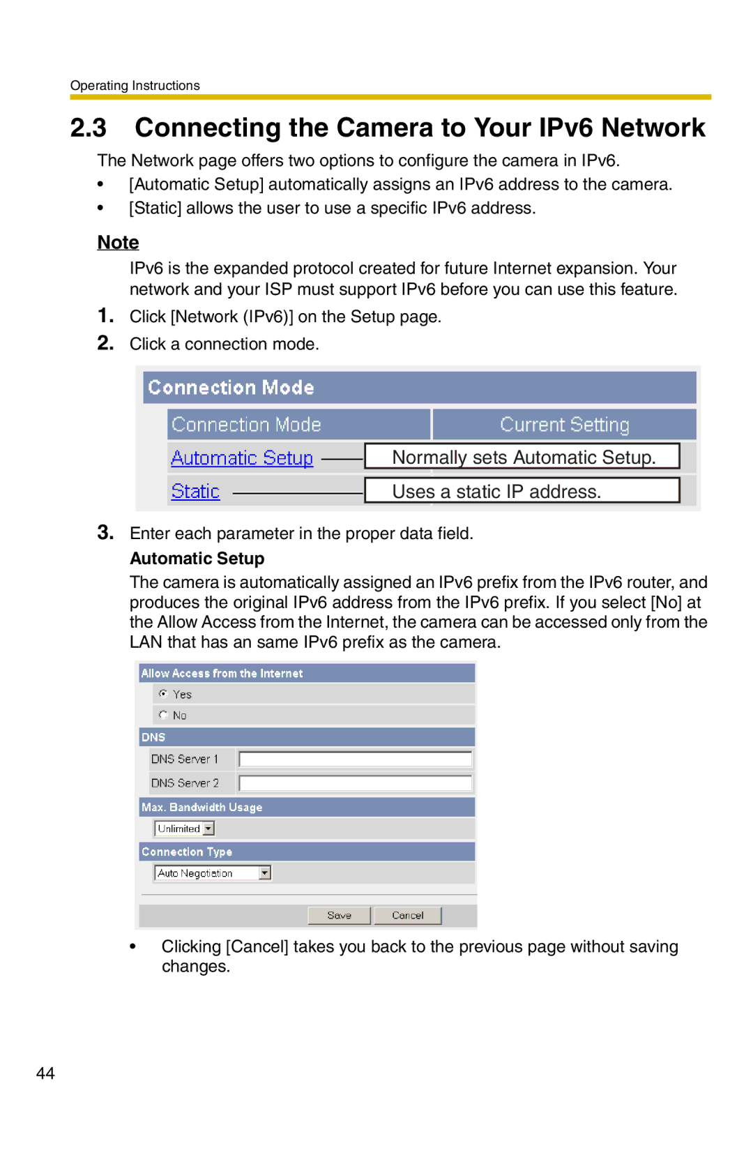 Panasonic BB-HCM331A Connecting the Camera to Your IPv6 Network, Normally sets Automatic Setup Uses a static IP address 