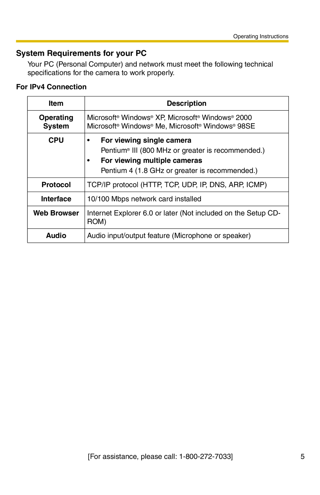 Panasonic BB-HCM331A For IPv4 Connection Description Operating, System, For viewing single camera, Protocol, Audio 