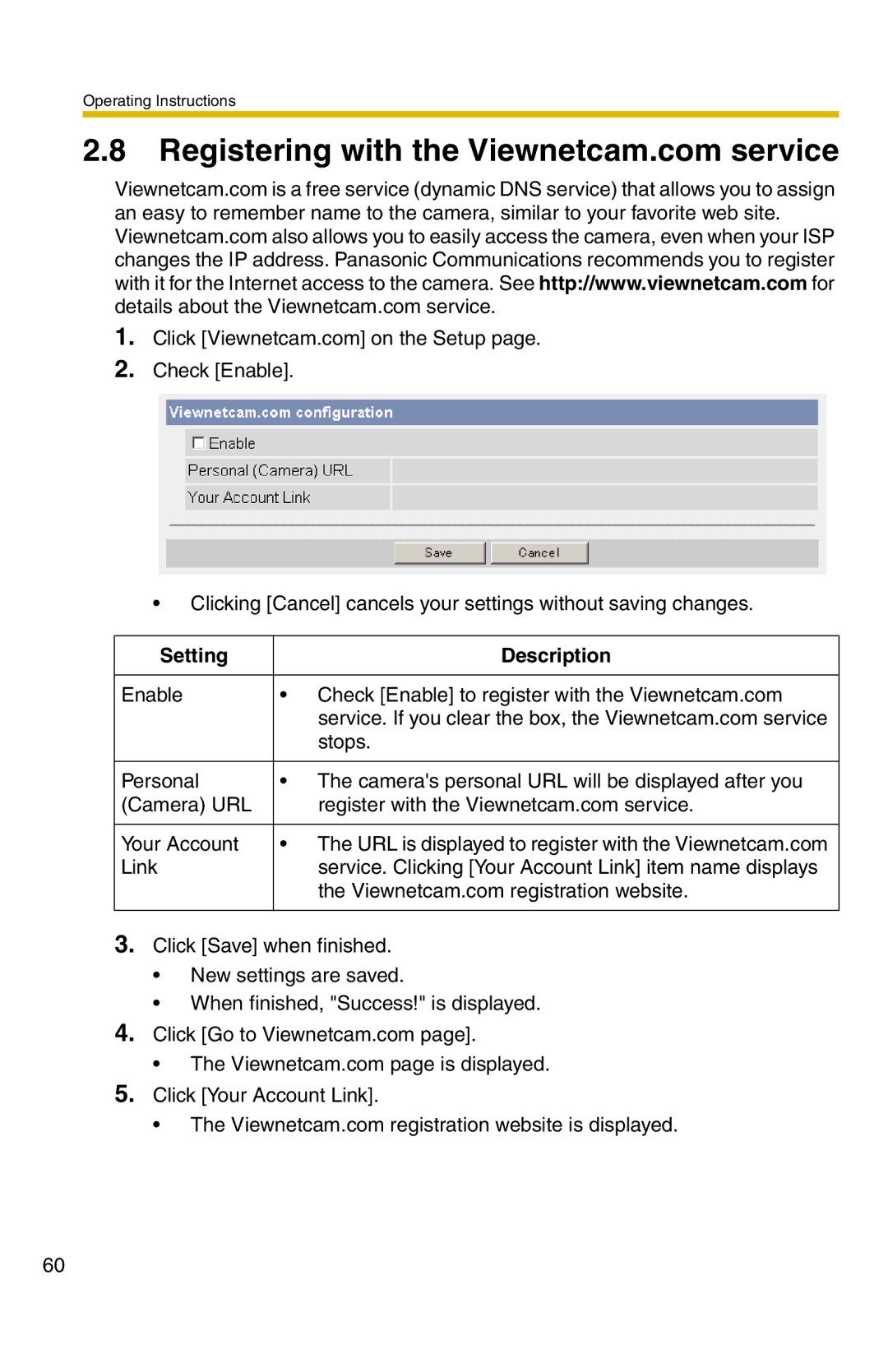 Panasonic BB-HCM331A operating instructions Setting Description 