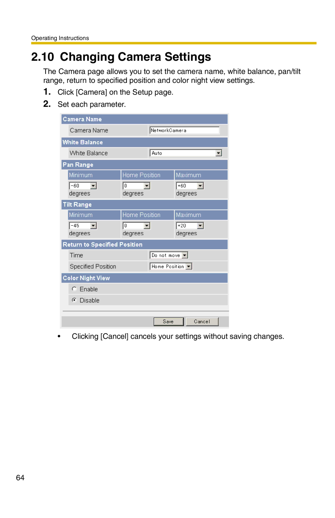 Panasonic BB-HCM331A operating instructions Changing Camera Settings 