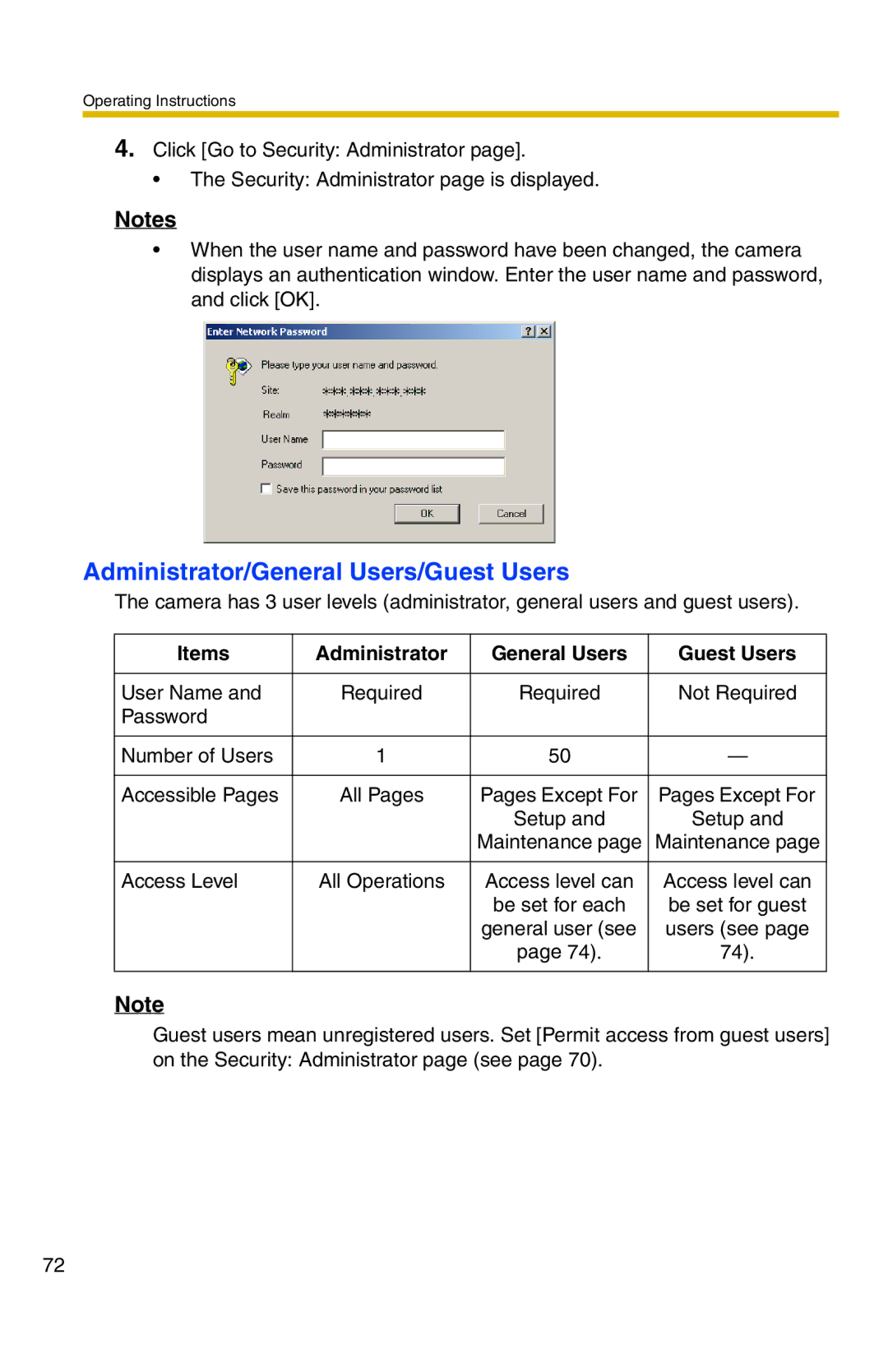 Panasonic BB-HCM331A Administrator/General Users/Guest Users, Items Administrator General Users Guest Users 