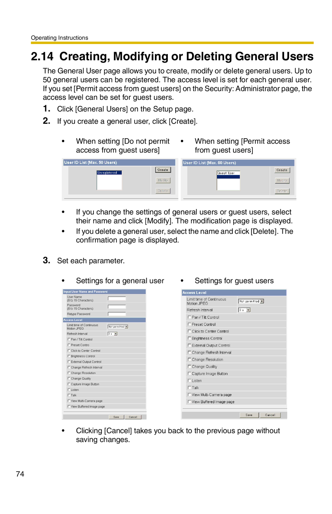 Panasonic BB-HCM331A Creating, Modifying or Deleting General Users, Access from guest users From guest users 