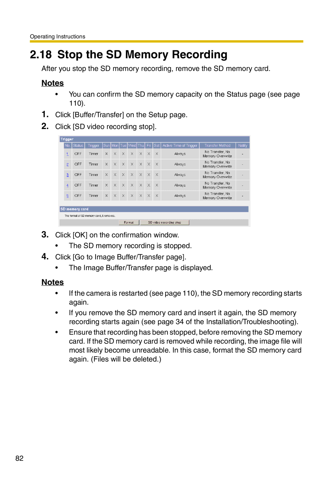 Panasonic BB-HCM331A operating instructions Stop the SD Memory Recording 