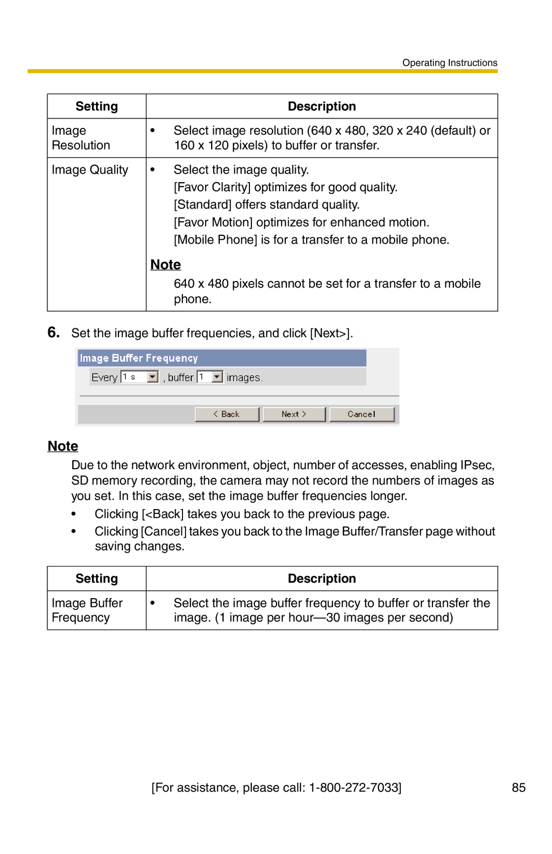 Panasonic BB-HCM331A operating instructions Setting Description 