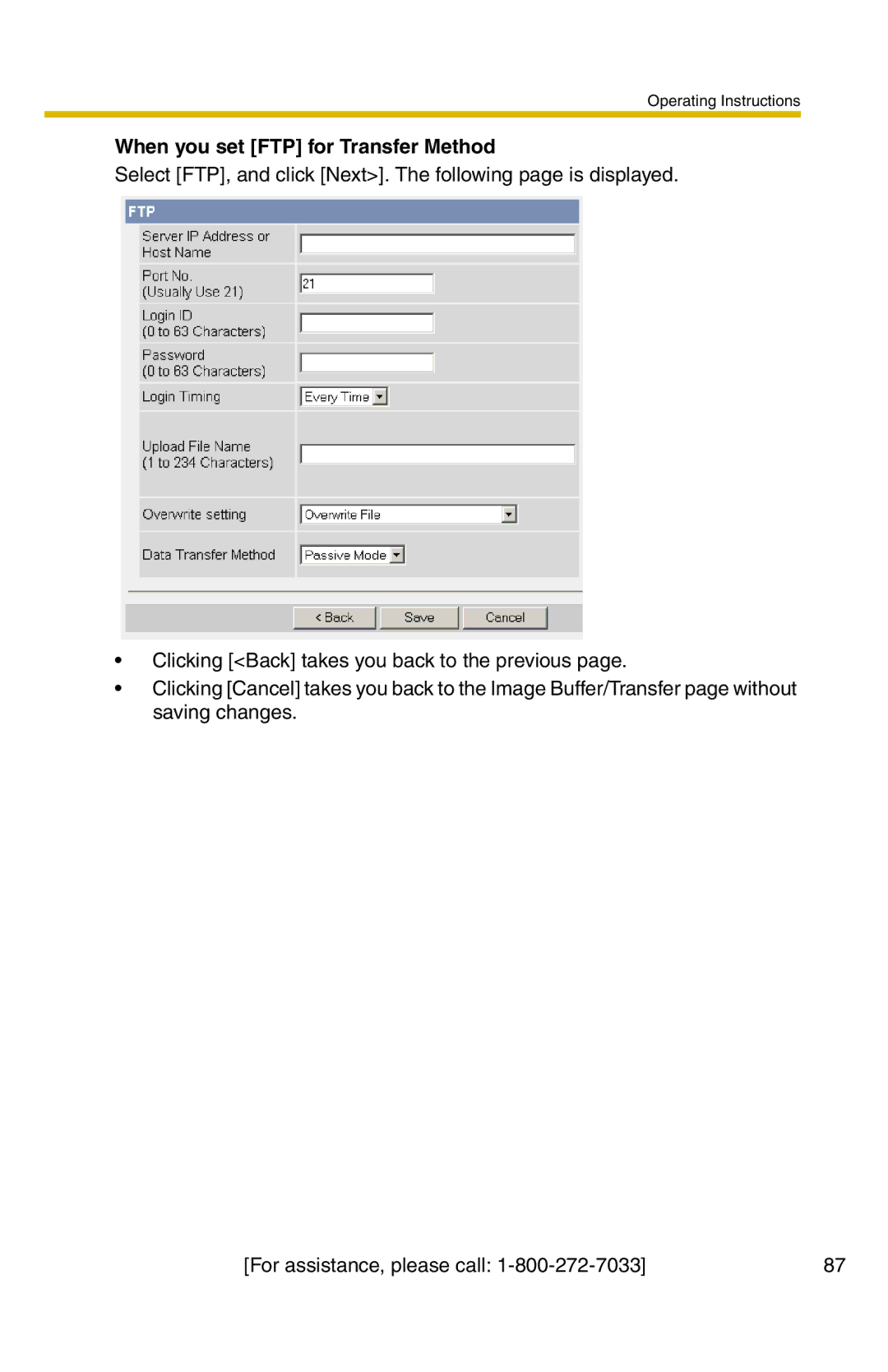 Panasonic BB-HCM331A operating instructions When you set FTP for Transfer Method 