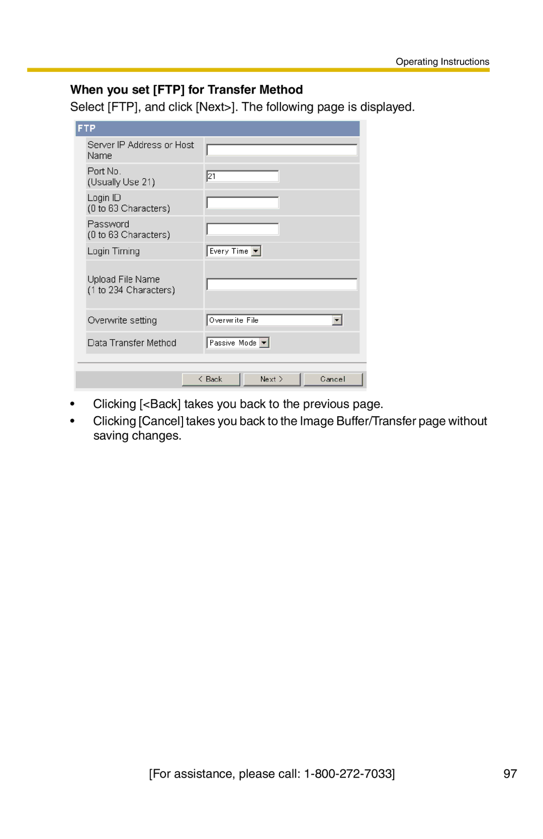 Panasonic BB-HCM331A operating instructions When you set FTP for Transfer Method 