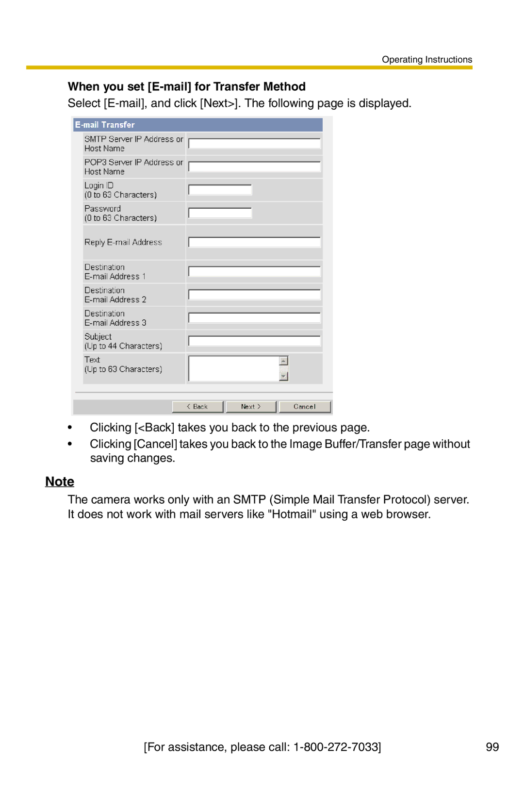 Panasonic BB-HCM331A operating instructions When you set E-mail for Transfer Method 