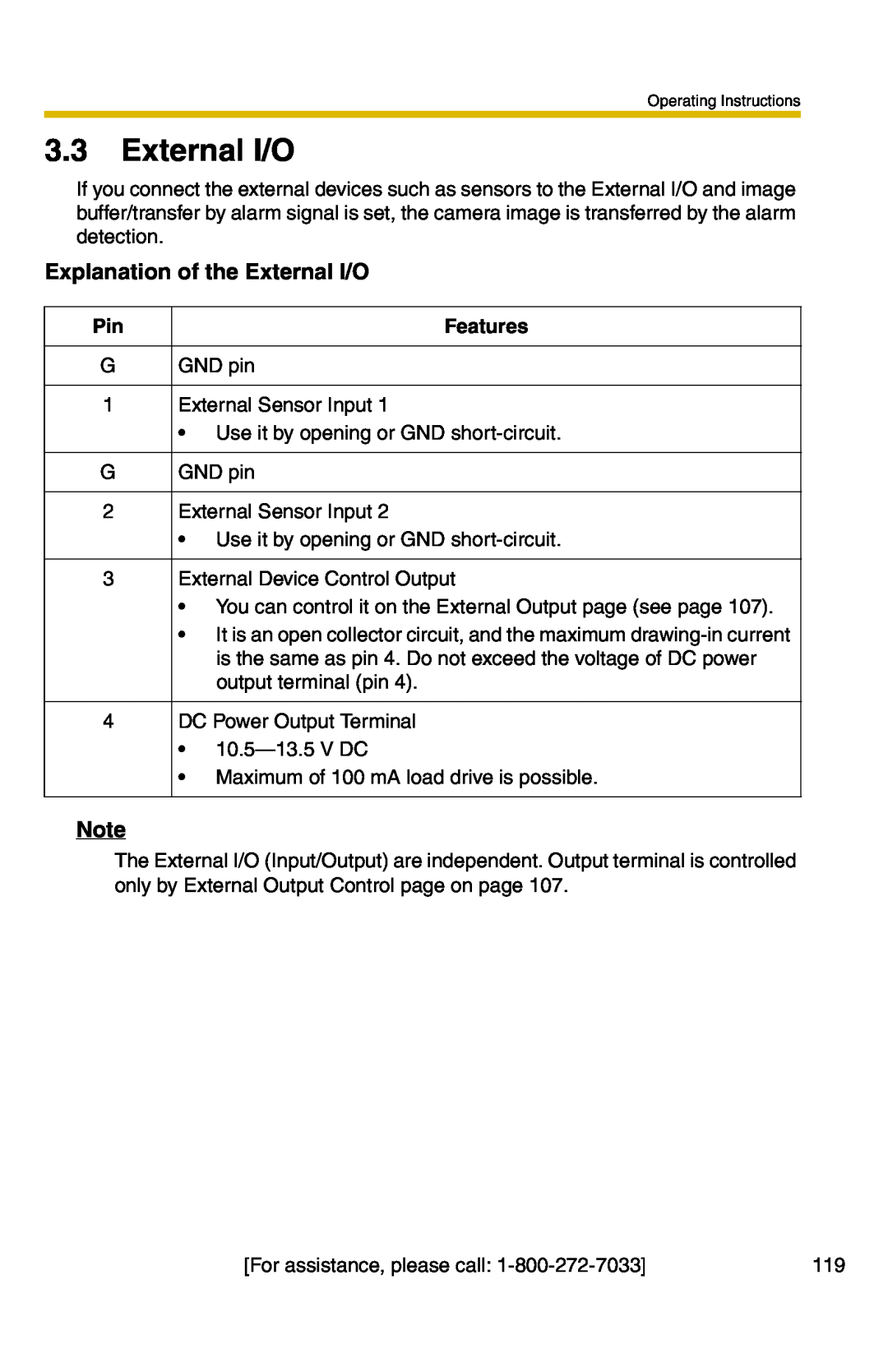 Panasonic BB-HCM331A operating instructions Explanation of the External I/O 