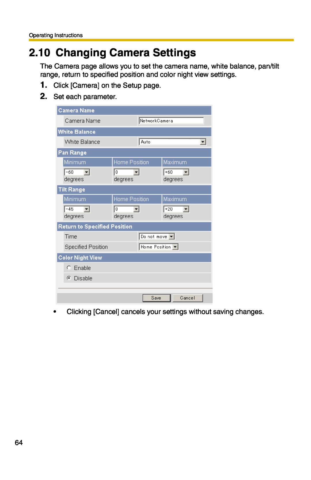 Panasonic BB-HCM331A operating instructions Changing Camera Settings, Click Camera on the Setup page 2. Set each parameter 