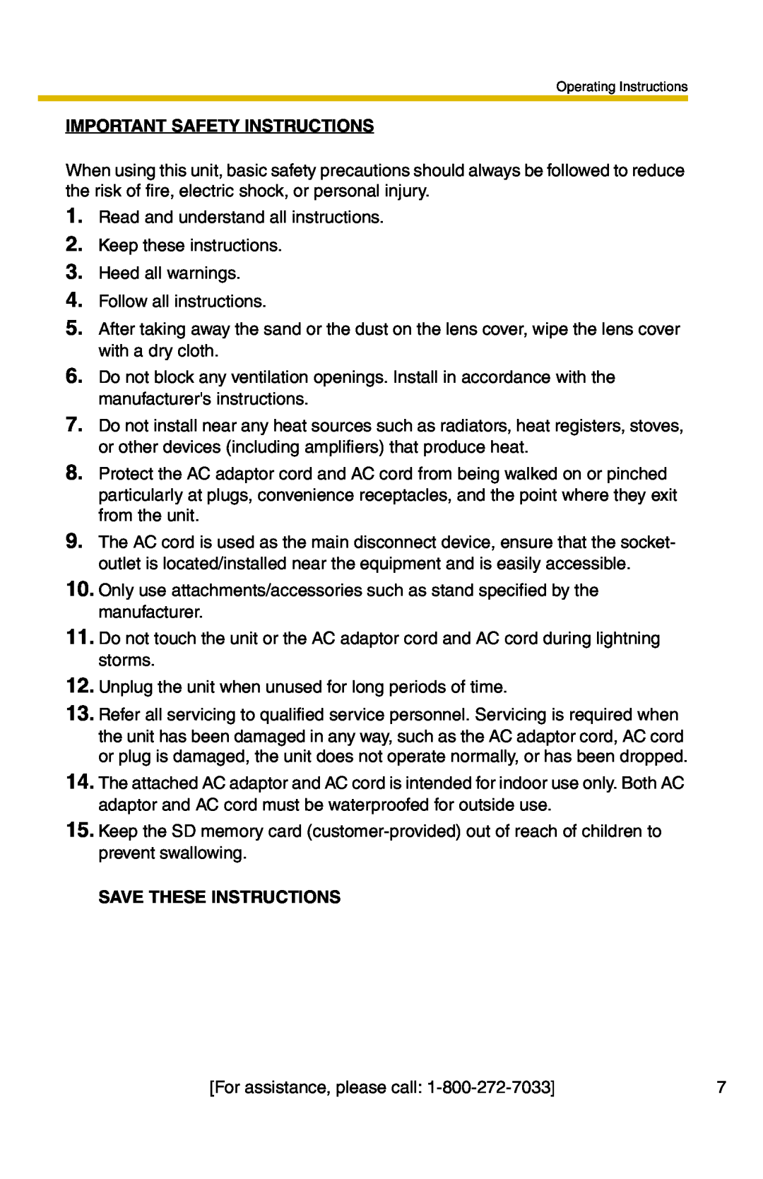 Panasonic BB-HCM331A operating instructions Important Safety Instructions, Save These Instructions 
