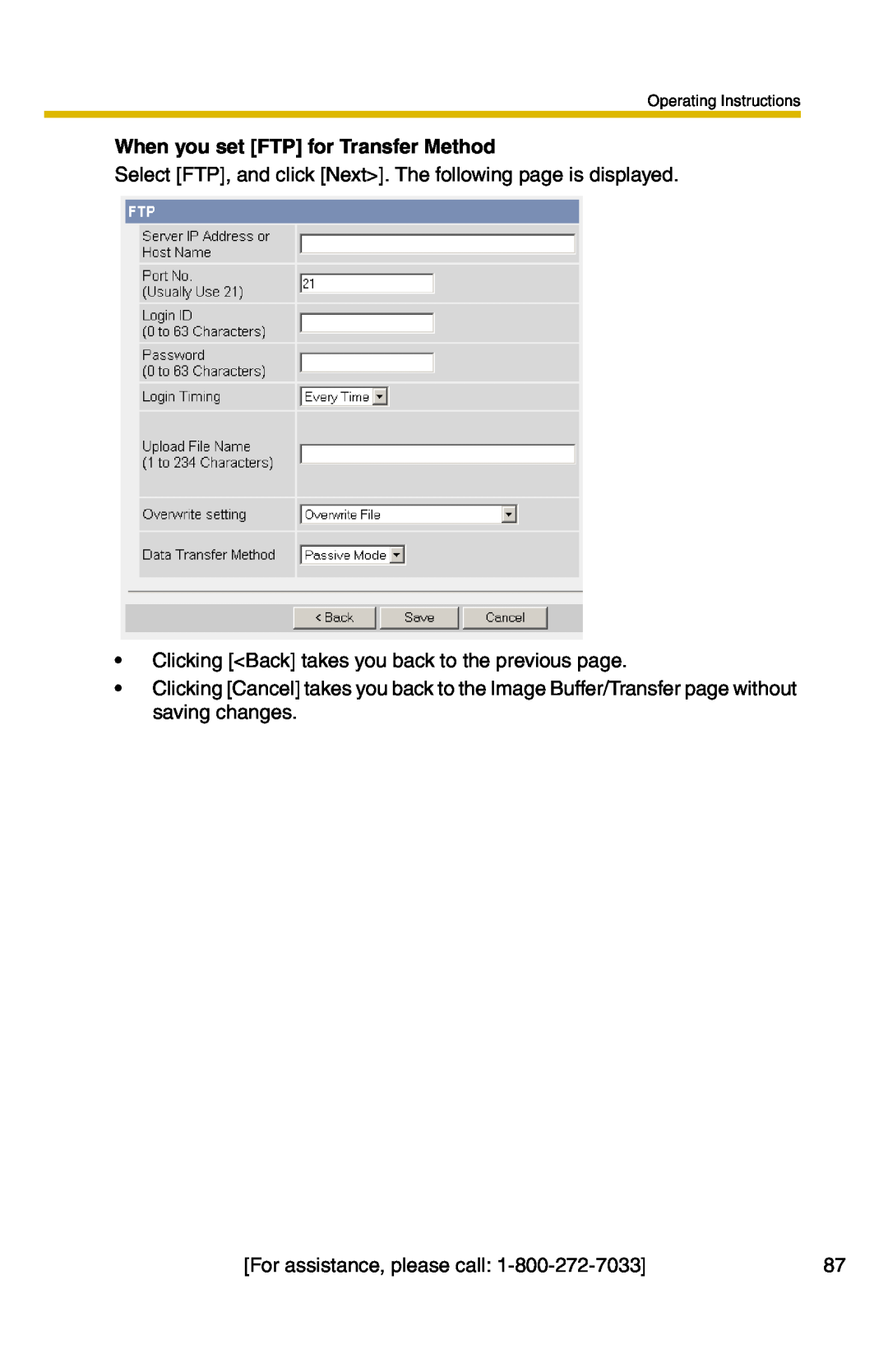 Panasonic BB-HCM331A When you set FTP for Transfer Method, Select FTP, and click Next. The following page is displayed 