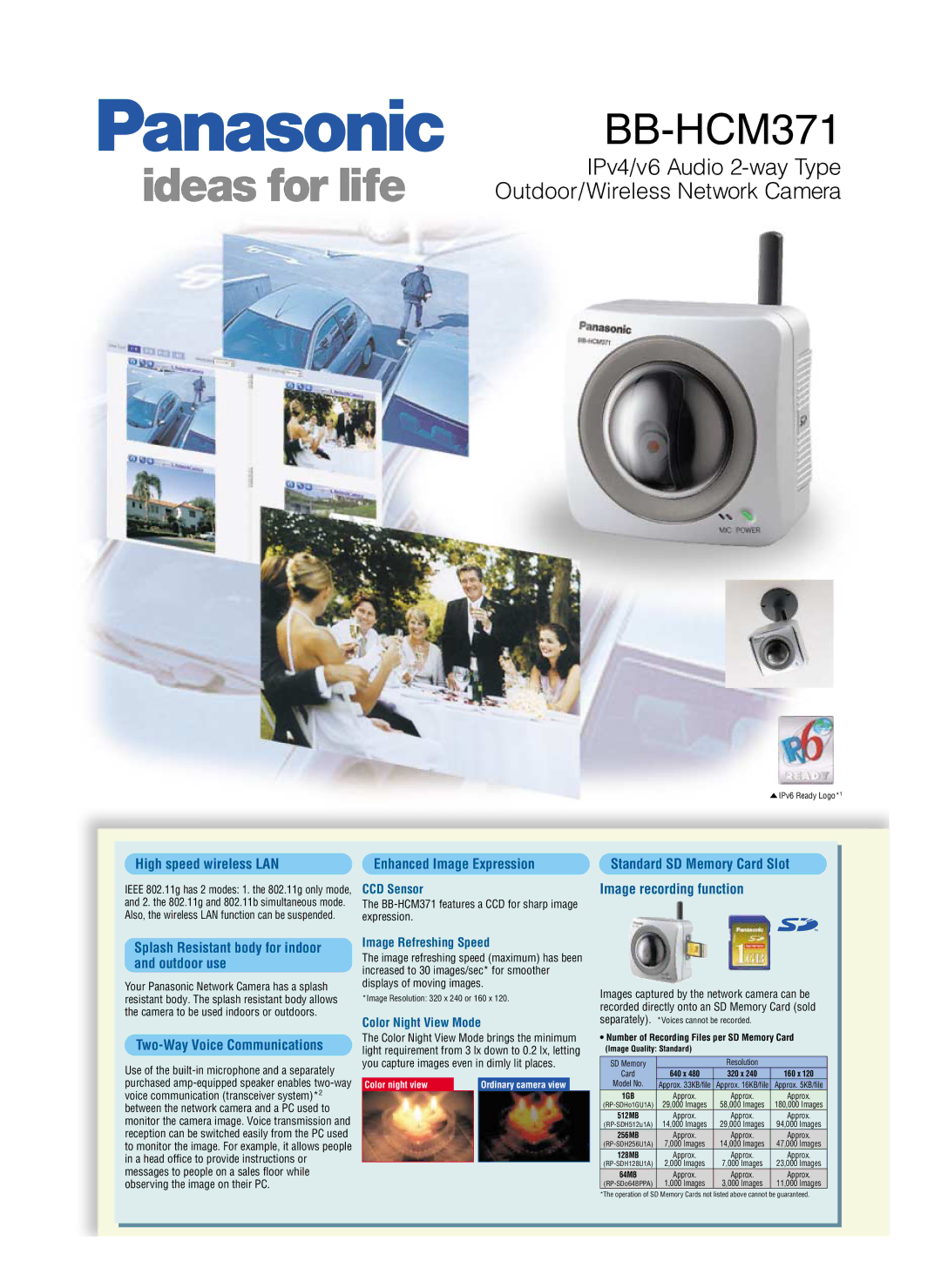 Panasonic BB-HCM371 manual High speed wireless LAN Enhanced Image Expression, Two-Way Voice Communications, CCD Sensor 