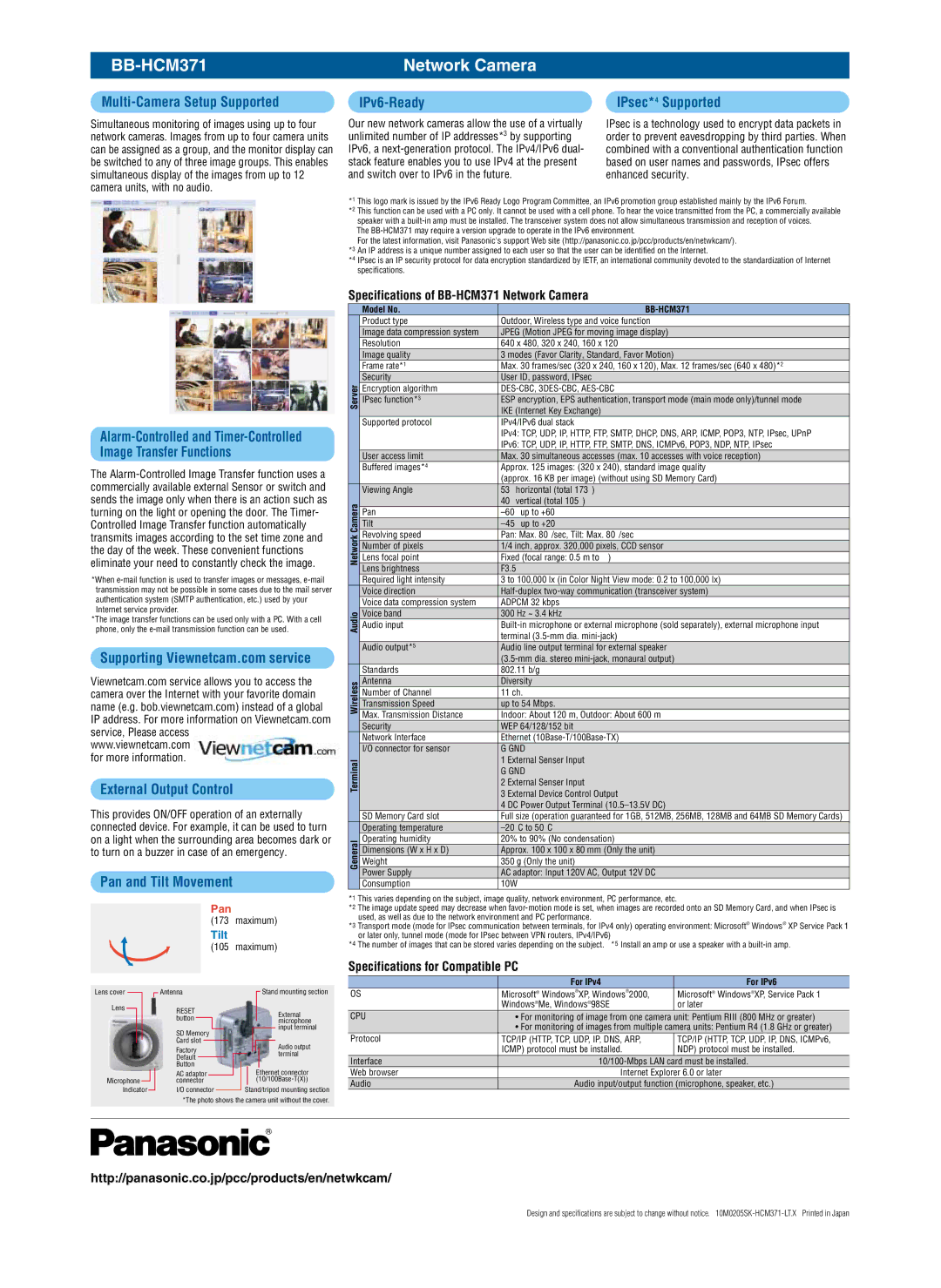 Panasonic BB-HCM371 manual Multi-Camera Setup Supported IPv6-Ready IPsec*4 Supported, External Output Control 