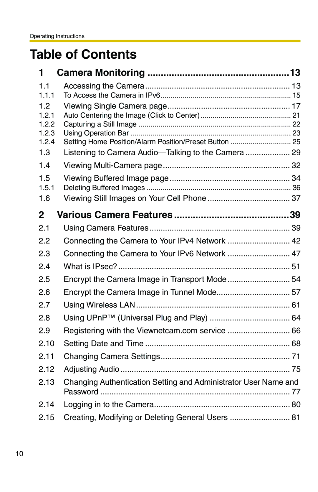 Panasonic BB-HCM371A operating instructions Table of Contents 