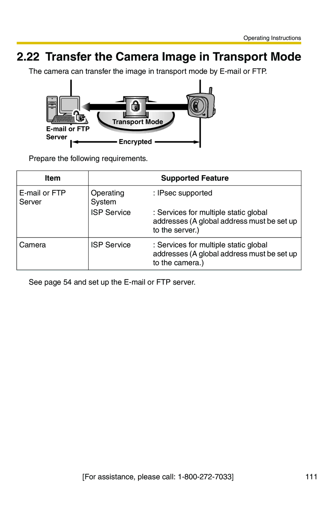 Panasonic BB-HCM371A operating instructions Transfer the Camera Image in Transport Mode, Supported Feature 