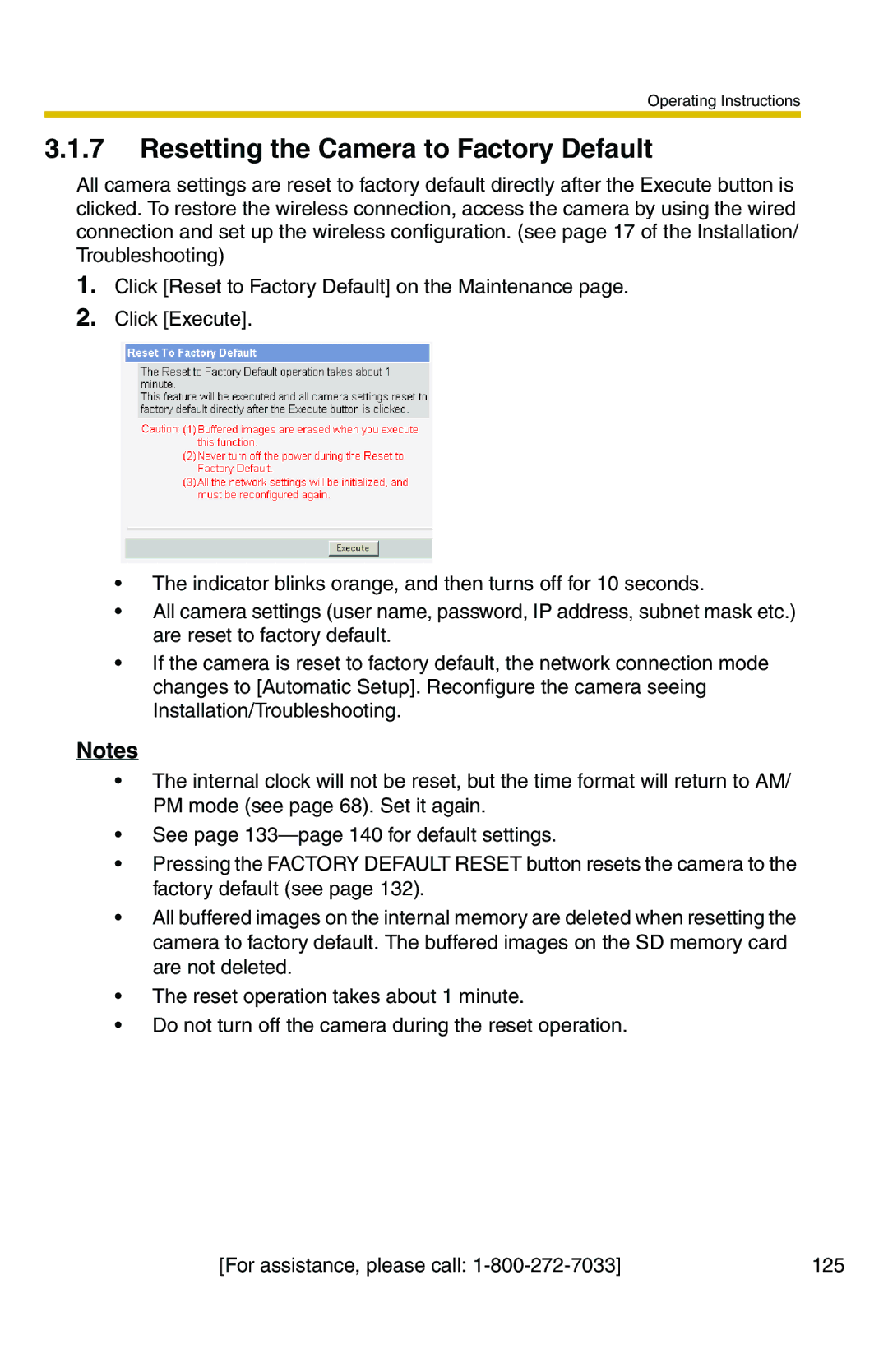 Panasonic BB-HCM371A operating instructions Resetting the Camera to Factory Default 