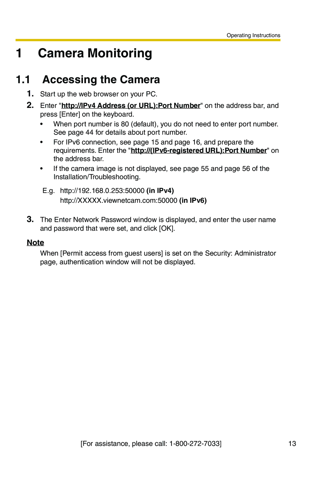 Panasonic BB-HCM371A operating instructions Camera Monitoring, Accessing the Camera 