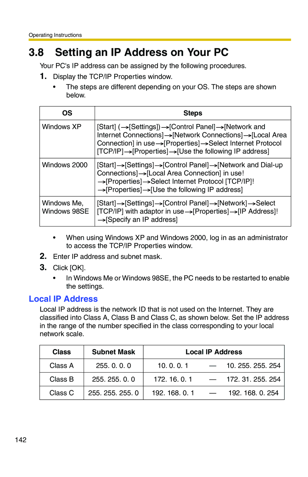 Panasonic BB-HCM371A operating instructions Setting an IP Address on Your PC, Steps, Class Subnet Mask Local IP Address 