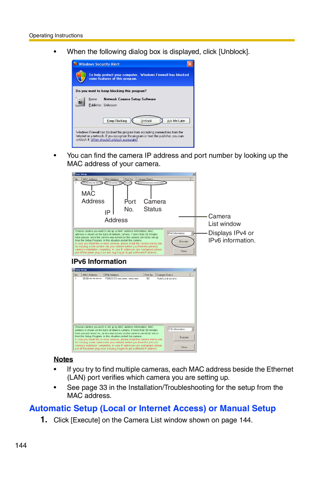 Panasonic BB-HCM371A operating instructions Automatic Setup Local or Internet Access or Manual Setup, IPv6 Information 