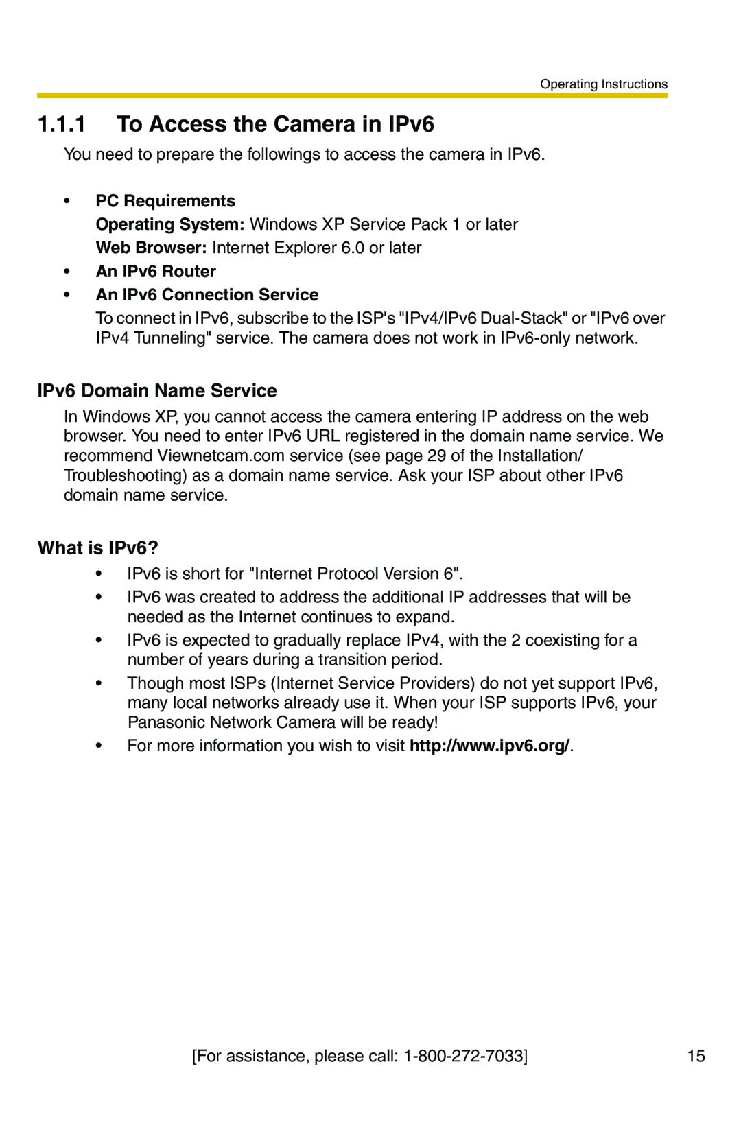 Panasonic BB-HCM371A To Access the Camera in IPv6, PC Requirements, An IPv6 Router An IPv6 Connection Service 