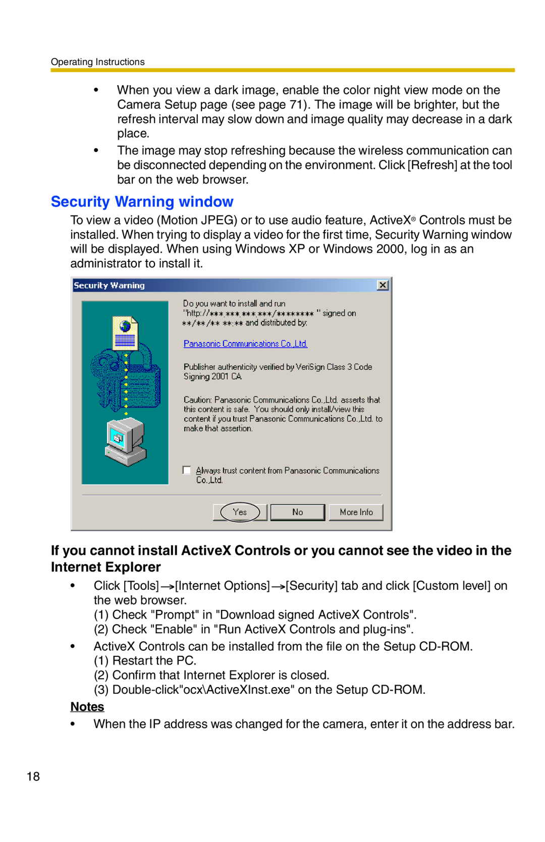 Panasonic BB-HCM371A operating instructions Security Warning window 