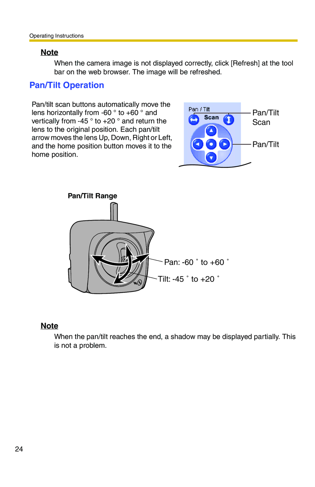 Panasonic BB-HCM371A operating instructions Pan/Tilt Operation, Pan/Tilt Range 