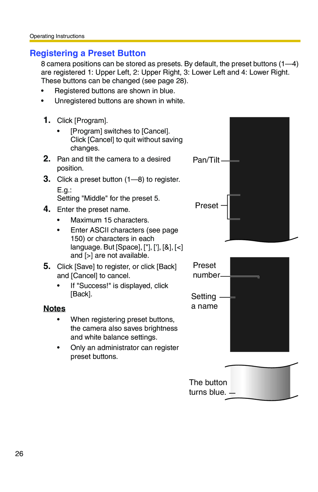 Panasonic BB-HCM371A operating instructions Registering a Preset Button, Pan/Tilt Preset Preset number Setting a name 