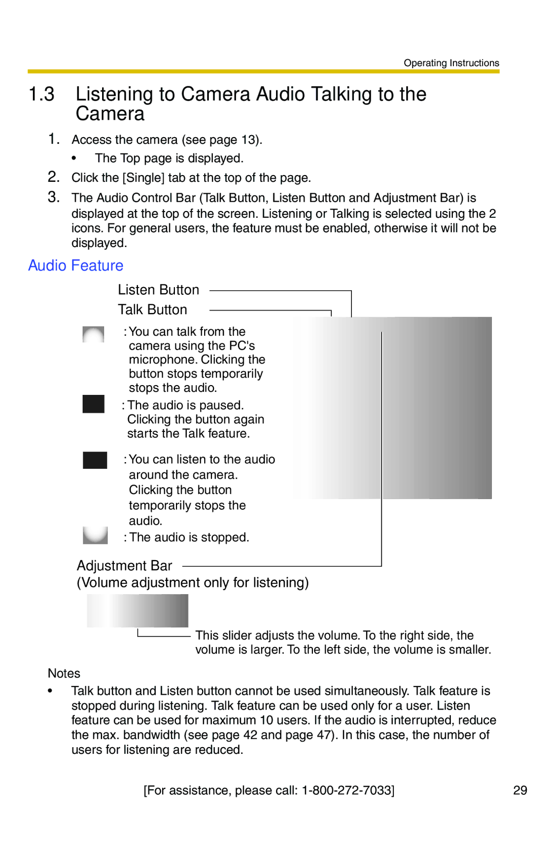 Panasonic BB-HCM371A operating instructions Listening to Camera Audio-Talking to the Camera, Audio Feature 