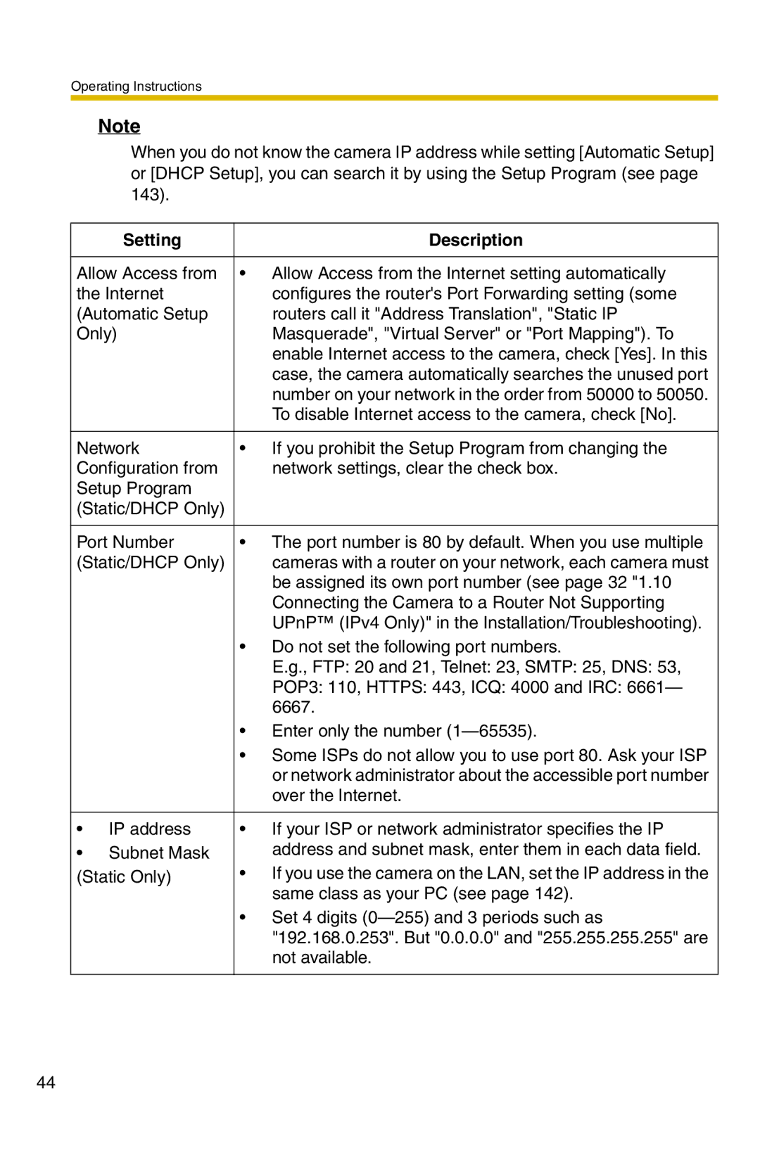 Panasonic BB-HCM371A operating instructions Setting Description 