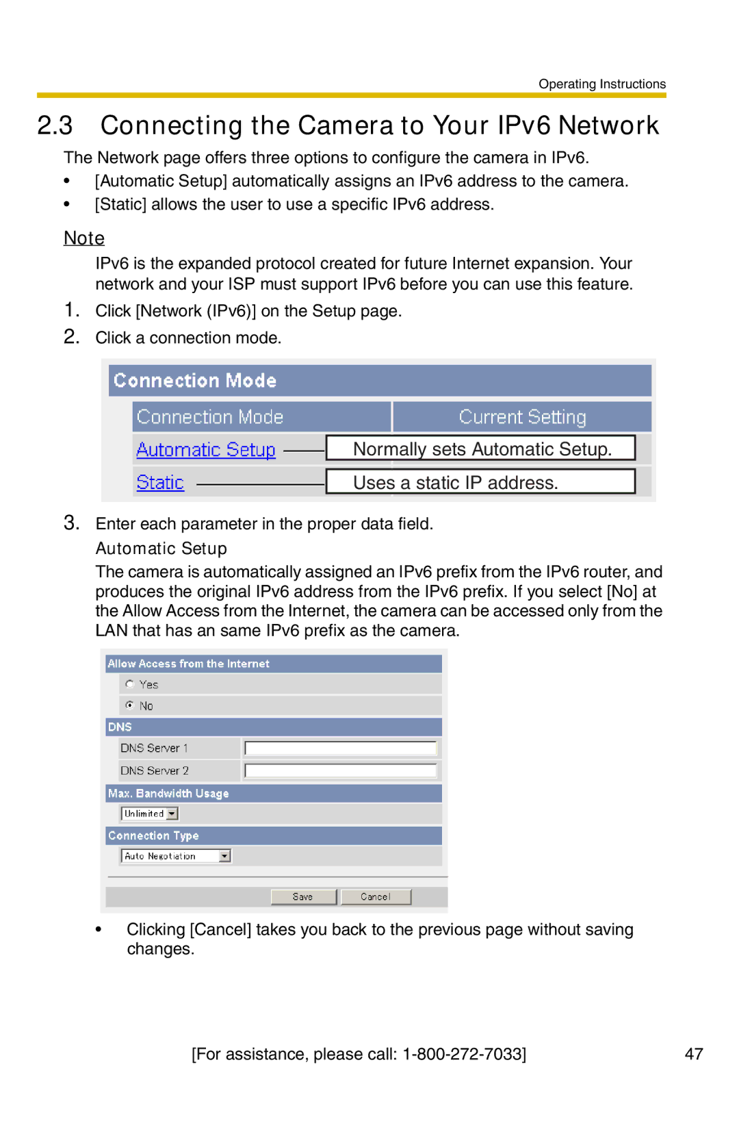 Panasonic BB-HCM371A Connecting the Camera to Your IPv6 Network, Normally sets Automatic Setup Uses a static IP address 