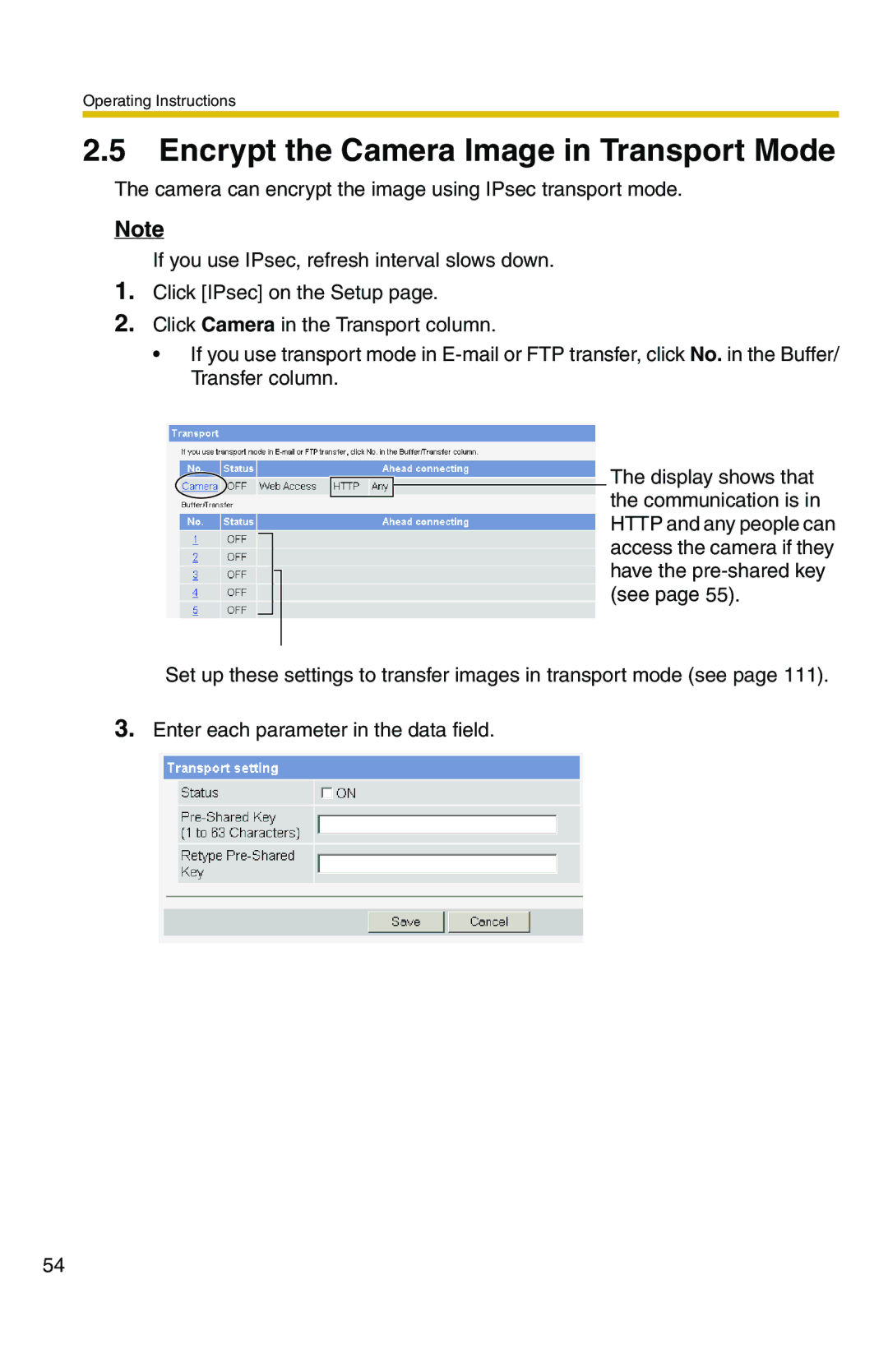 Panasonic BB-HCM371A operating instructions Encrypt the Camera Image in Transport Mode 