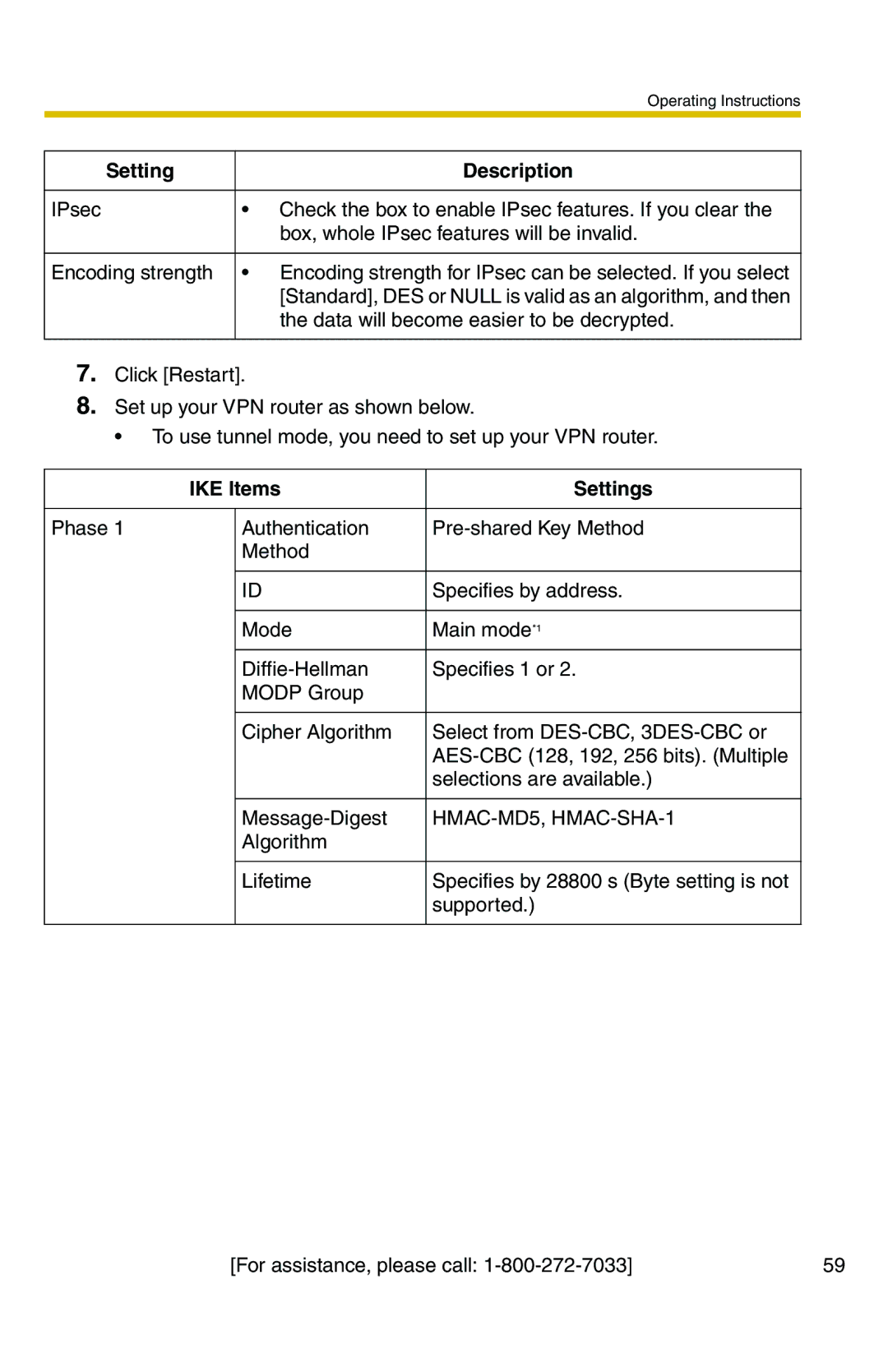 Panasonic BB-HCM371A operating instructions IKE Items Settings 