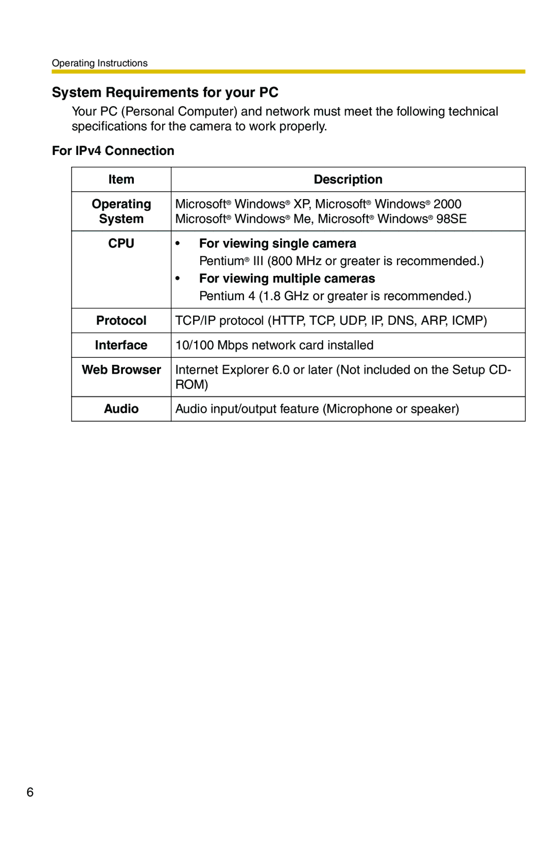 Panasonic BB-HCM371A For IPv4 Connection Description Operating, System, For viewing single camera, Protocol, Audio 