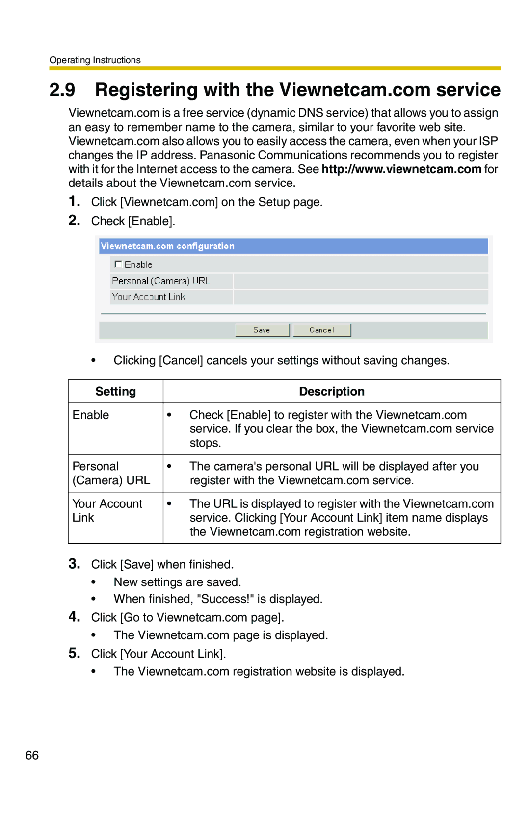 Panasonic BB-HCM371A operating instructions Setting Description 