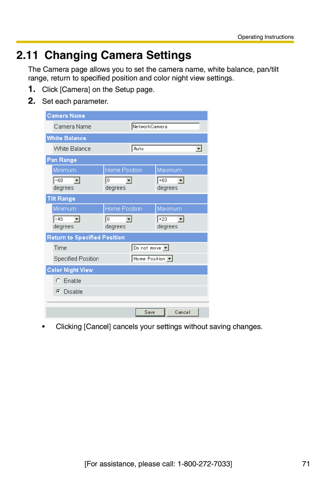 Panasonic BB-HCM371A operating instructions Changing Camera Settings 