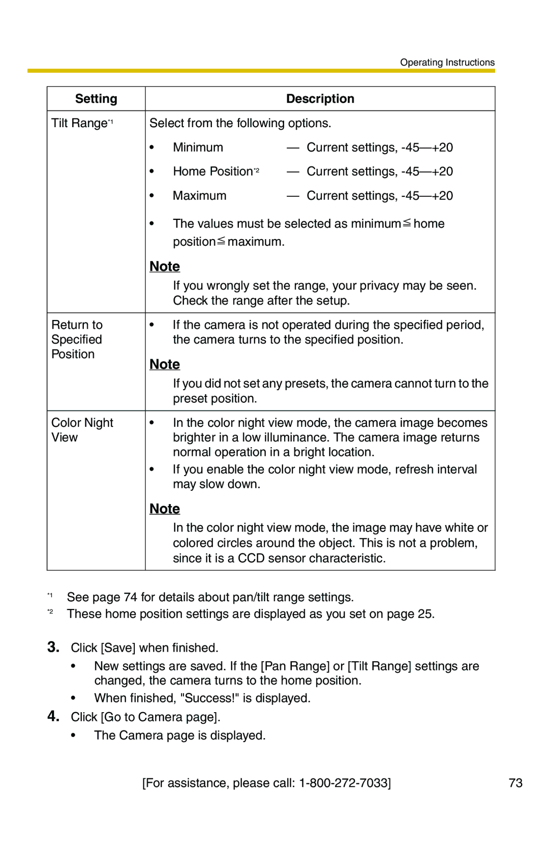 Panasonic BB-HCM371A operating instructions Preset position Color Night 