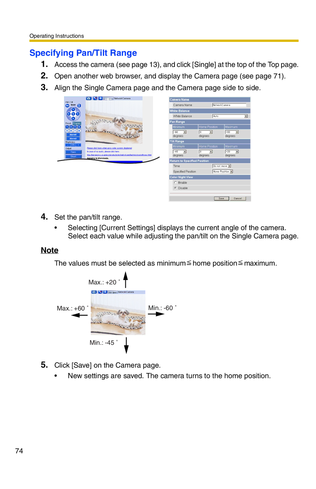 Panasonic BB-HCM371A operating instructions Specifying Pan/Tilt Range 