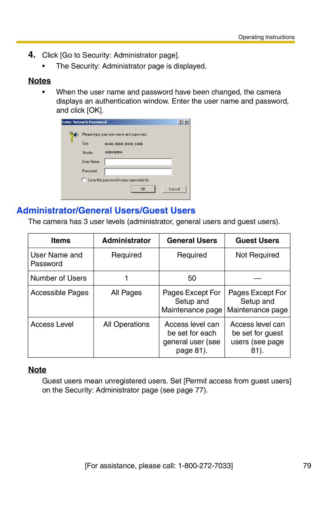 Panasonic BB-HCM371A Administrator/General Users/Guest Users, Items Administrator General Users Guest Users 