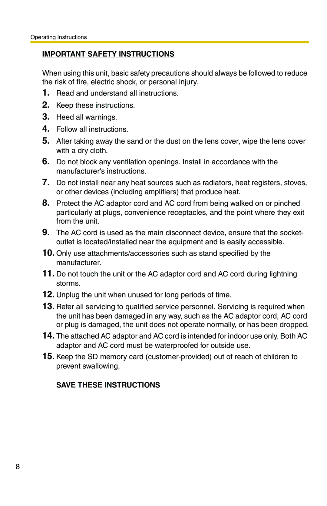 Panasonic BB-HCM371A operating instructions Important Safety Instructions 