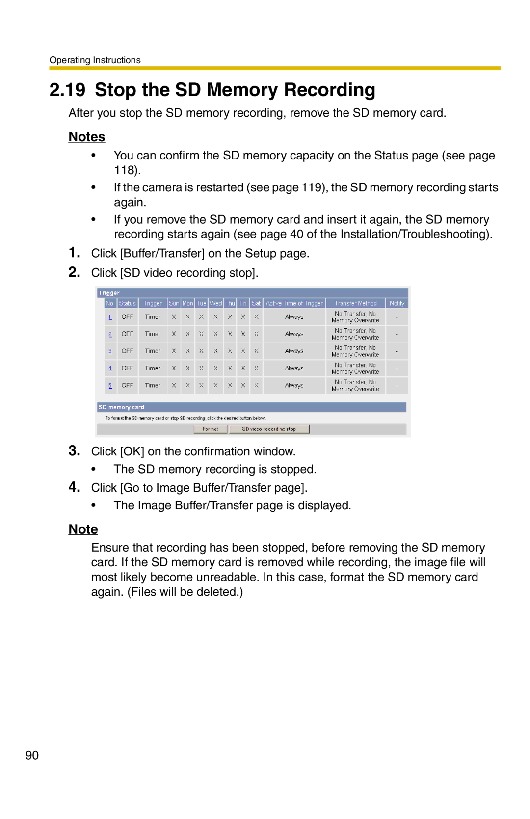 Panasonic BB-HCM371A operating instructions Stop the SD Memory Recording 