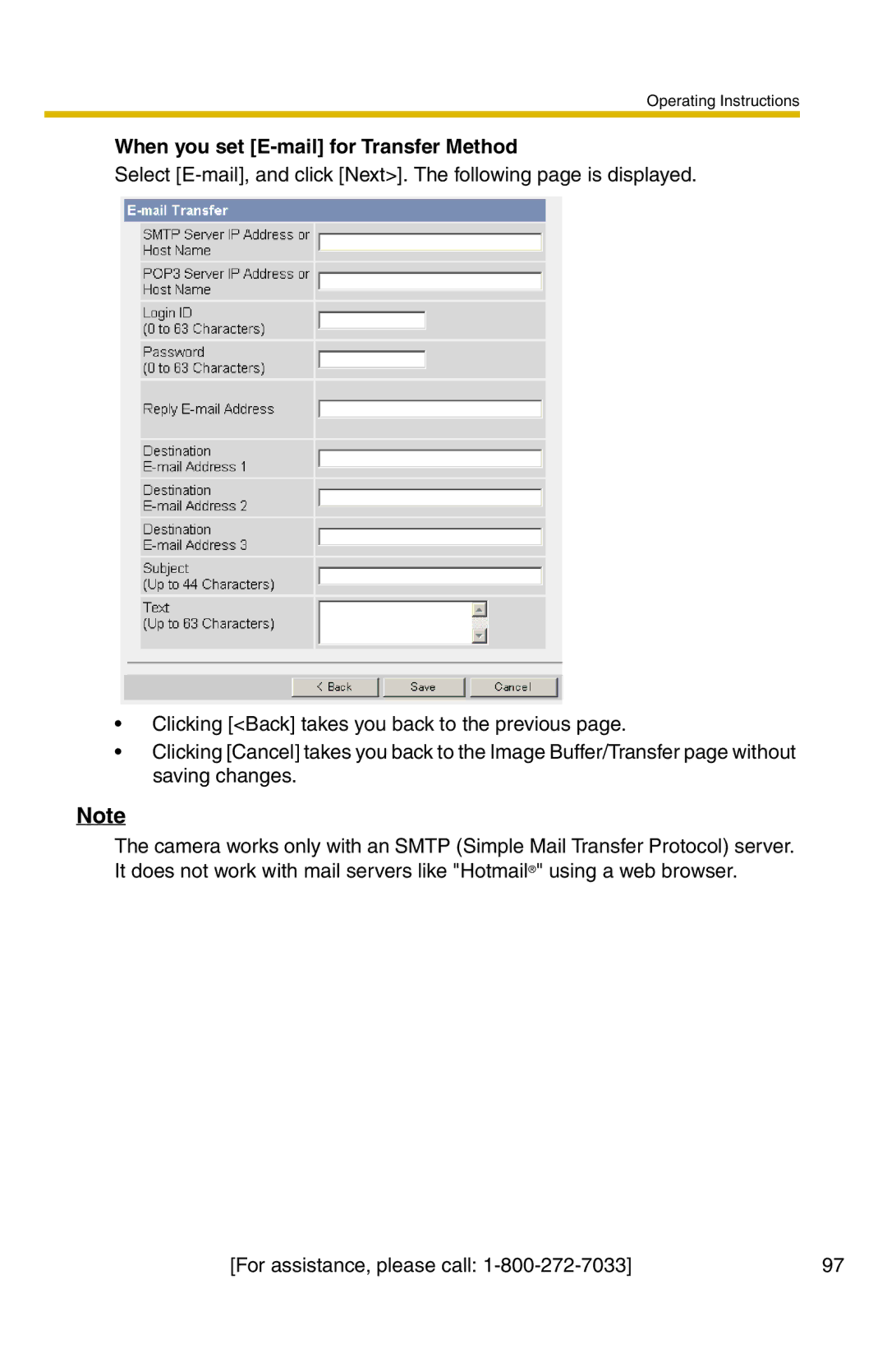 Panasonic BB-HCM371A operating instructions When you set E-mail for Transfer Method 